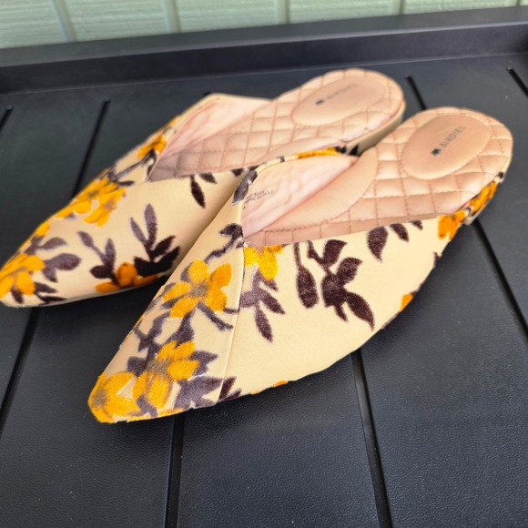 Birdies Shoes - Birdies The Swan Floral Velvet Pointed Toe Mules Tan Yellow Womens 9